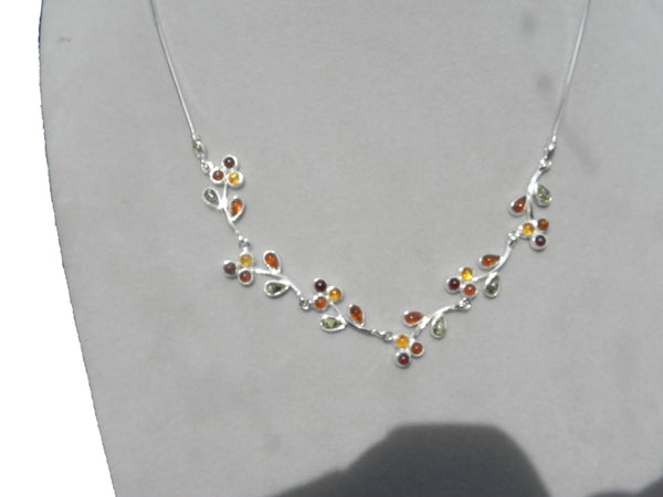 Genuine Baltic Amber Necklace - Multi Color Amber Leafy String - 925 Sterling...