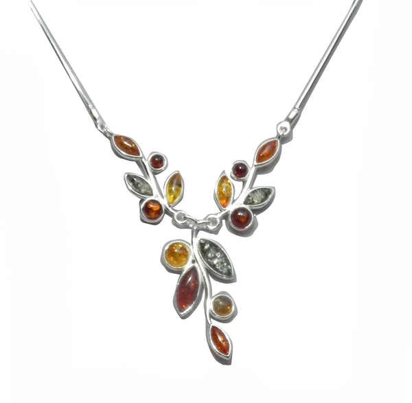Genuine Baltic Amber Necklace - Multi Color Amber Flowery Pattern - 925 Sterl...