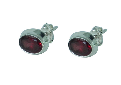 Garnet Oval Stud Earrings - Sterling Silver