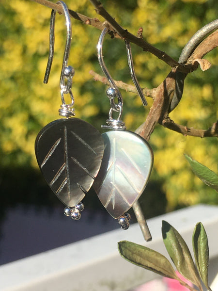 Mother of Pearl Leaf Bead Earrings - Sterling Silver Hooks
