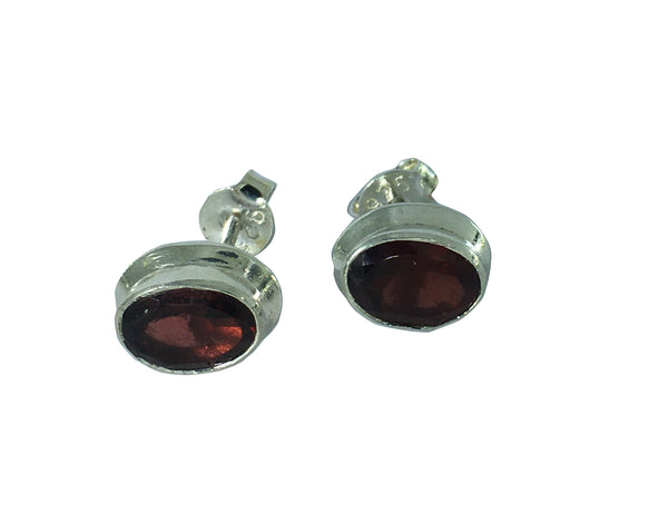 Garnet Oval Stud Earrings - Sterling Silver