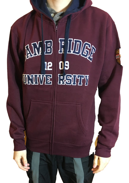 Cambridge University Zipped Hoody - Burgundy - Official Apparel of the Famous University of Cambridge