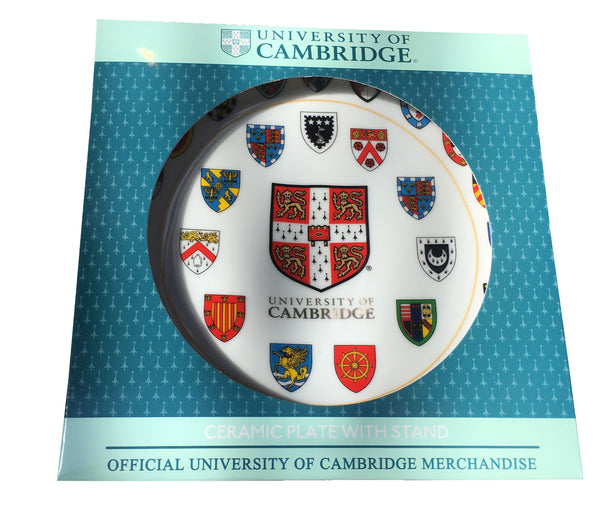 Cambridge University Ceramic Plate - 15cm Official with stand and gift box - Displays Cambridge University Shield and all 31 College shields - 15cm