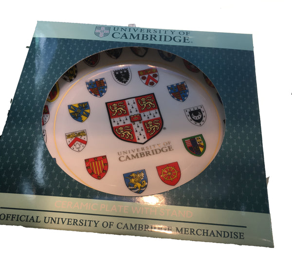 Cambridge University Ceramic Plat - 20cm - Cambridge University Official e with stand and gift box - Displays Cambridge University Shield and all 31 College shields