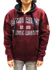 Cambridge University Zipped Hoody - Burgundy - Official Apparel of the Famous University of Cambridge