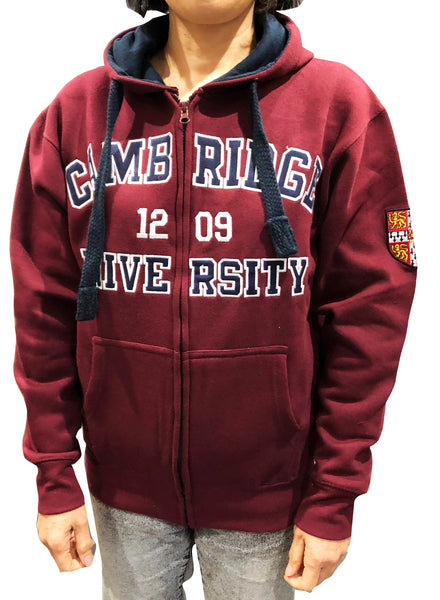 Cambridge University Zipped Hoody - Burgundy - Official Apparel of the Famous University of Cambridge