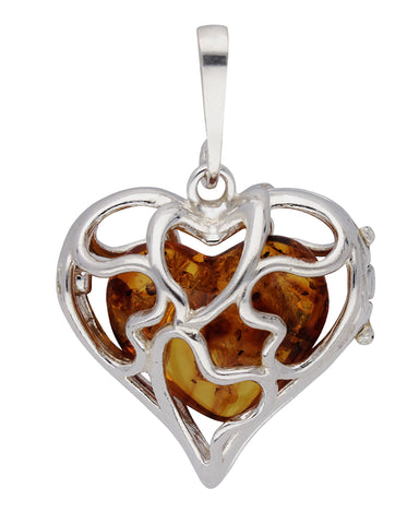 Genuine Baltic Amber - Heart Pendent - 925 Sterling Silver