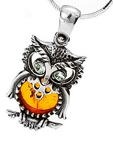 Genuine Baltic Amber - Owl Pendent - 925 Sterling Silver