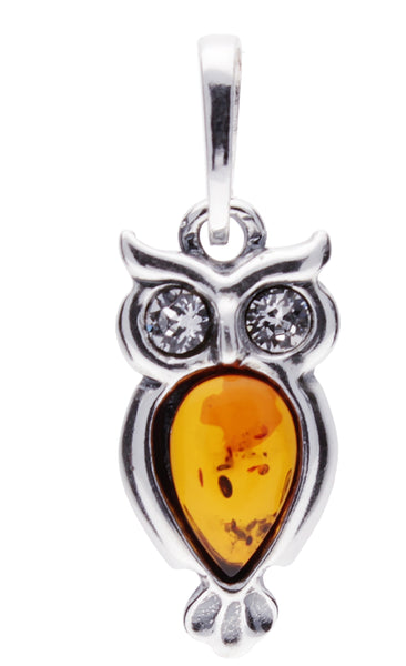 Genuine Baltic Amber - Owl Pendent - 925 Sterling Silver