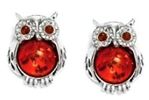 Genuine Baltic Amber - Owl Earring - 925 Sterling Silver