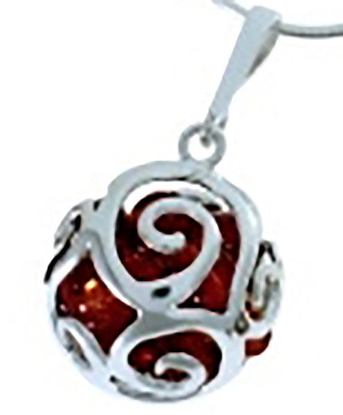Genuine Baltic Amber Ball Pendent - 925 Sterling Silver