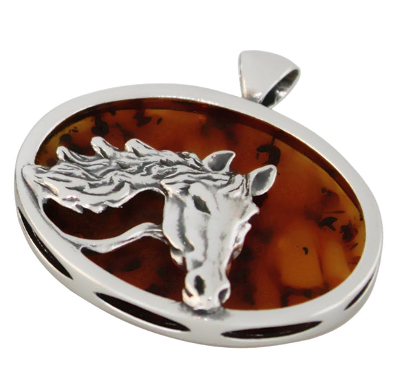 Genuine Baltic Amber - Horse Pendant  - 925 Sterling Silver