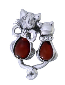 Genuine Baltic Amber - Twin Cat Pendent - 925 Sterling Silver