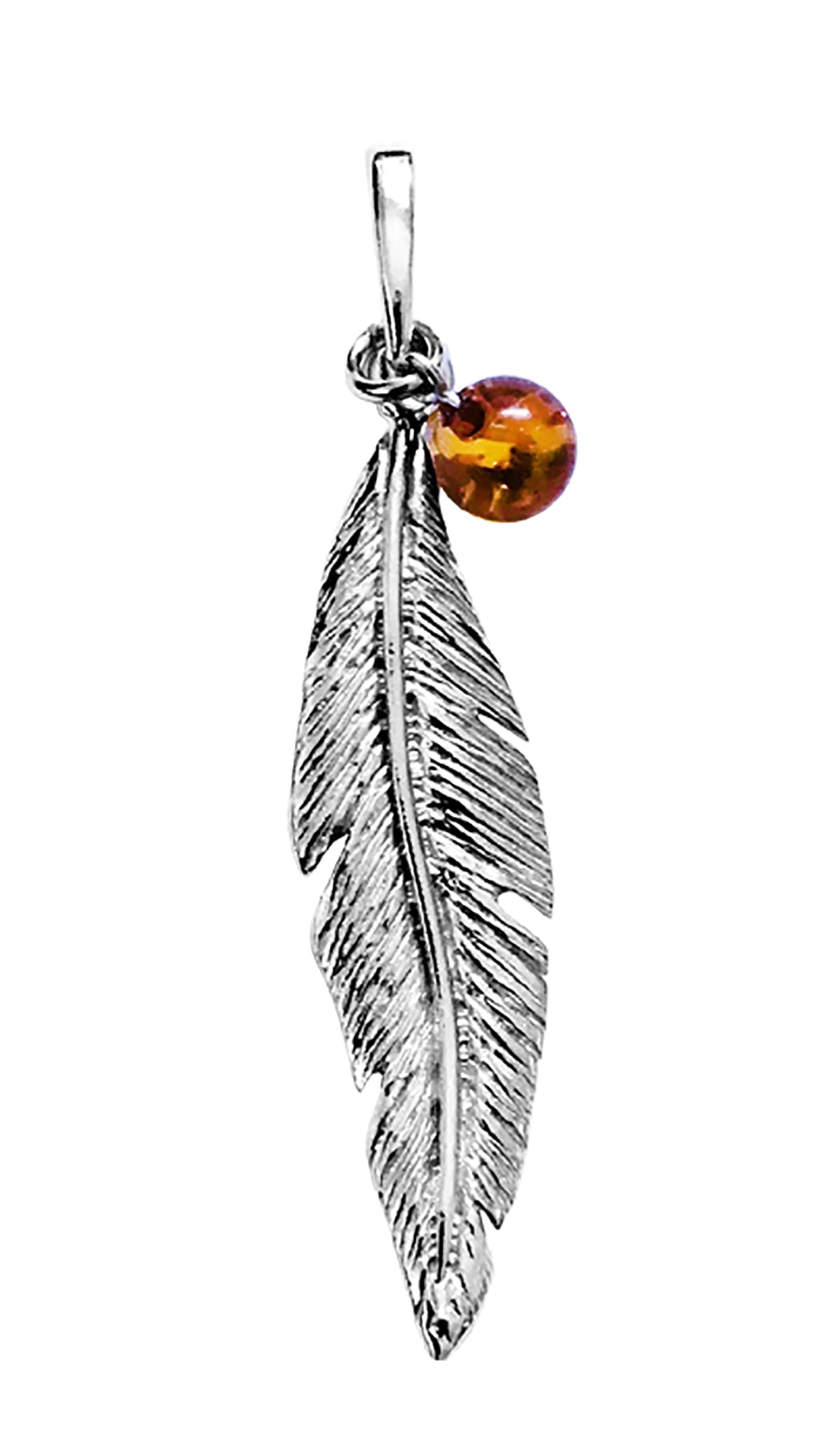 Genuine Baltic Amber - Feather Pendent - 925 Sterling Silver