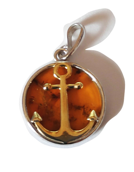 Genuine Baltic Amber Anchor Pendent - 925 Sterling Silver