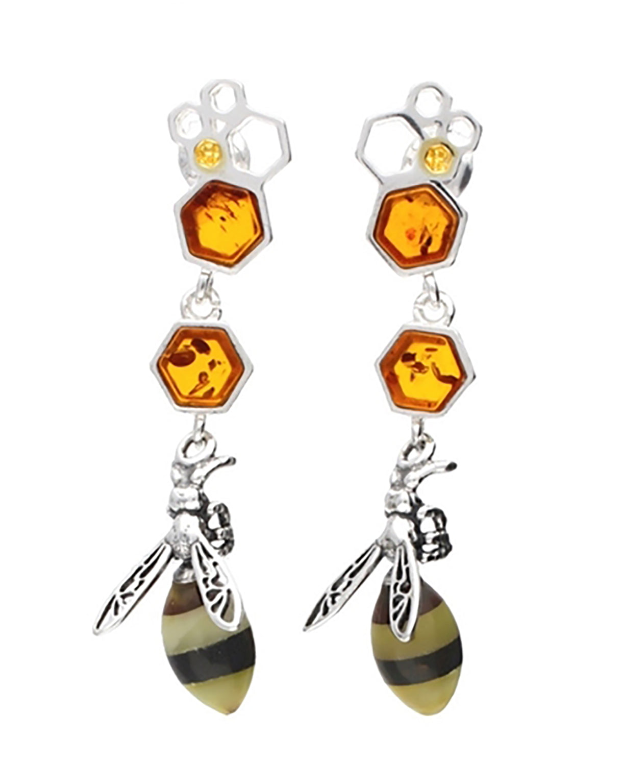 Genuine Baltic Amber Bee Earring - 925 Sterling Silver