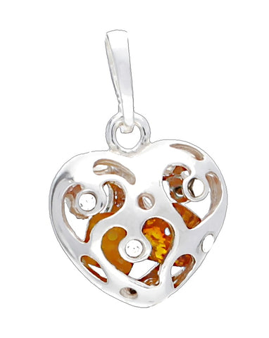 Genuine Baltic Amber - Heart Pendent - 925 Sterling Silver