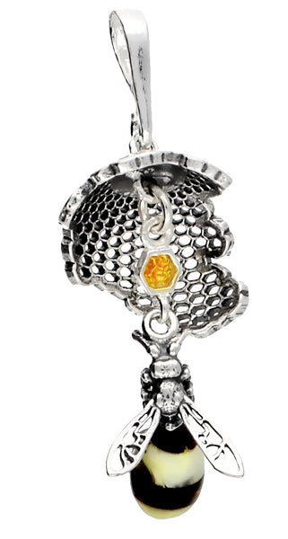 Genuine Baltic Amber Bee Pendent - 925 Sterling Silver