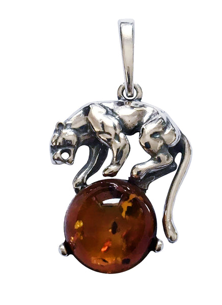 Genuine Baltic Amber Tiger Ball Pendent - 925 Sterling Silver