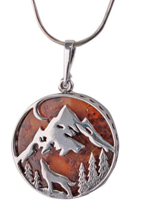 Genuine Baltic Amber - Wolf Pendent - 925 Sterling Silver