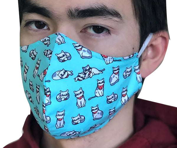 Homemade Cotton Face Mask - 1x Turquoise Cat Mask + 1x Free Random Design mask